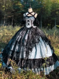 Robe gothique Lolita en dentelle à volants et imprimé floral jolie robe de princesse sans manches en maille à volants robe longue