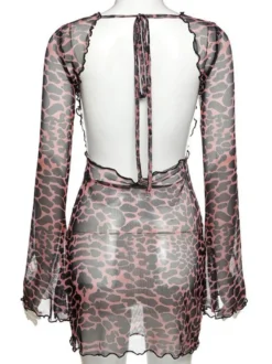Robe imprimée léopard dos nu manches longues translucide tenue de boîte de nuit chaude
