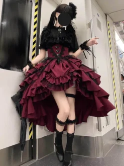 Robe-jupe Gothic Lolita corset à taille haute jupe Lolita à volants rouges