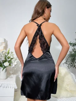 Robe Lingerie Nuisette Femme Dentelle Noire Dos Nu Soyeuse Sexy