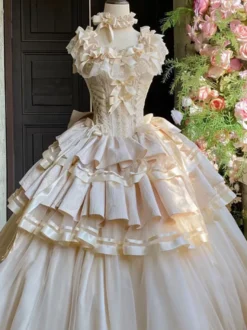 Robe Lolita Champagne Fairy à lacets et nœuds plusieurs couches robe Lolita pour tea party