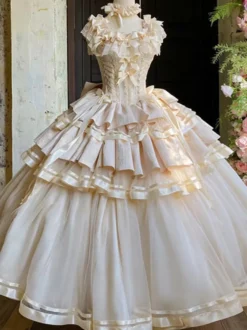 Robe Lolita Champagne Fairy à lacets et nœuds plusieurs couches robe Lolita pour tea party
