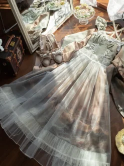 Robe Lolita classique en mousseline de soie volants sans manches imprimé floral bleu classique