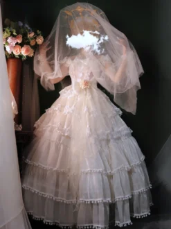 Robe Lolita douce de mariage Hime couvre-chef sans manches robe Lolita blanche robe à blocs de couleurs
