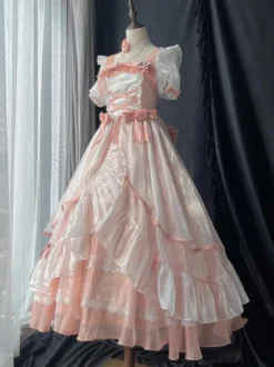 Robe Lolita douce en maille de soie à manches courtes robe à volants superposés style thé robe longue