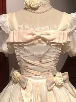 Robe Lolita Douce Fluide Manches Courtes En Dentelle Conte De Fées Décontracté Nœuds Volants Tulle Blanc