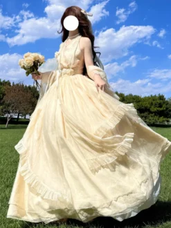 Robe Lolita Fée Abricot sans manches à dos nu avec nœud robe de bal Lolita pour tea party