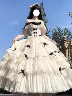 Robe Lolita fée blanche à lacets et nœuds épaules dénudées style Lolita tea party