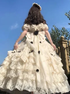 Robe Lolita fée blanche à lacets et nœuds épaules dénudées style Lolita tea party