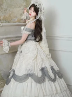 Robe Lolita fée blanche à volants épaules dénudées longueur au sol robe de bal Lolita pour tea party
