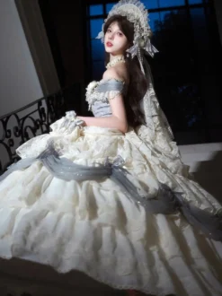 Robe Lolita fée blanche à volants épaules dénudées longueur au sol robe de bal Lolita pour tea party