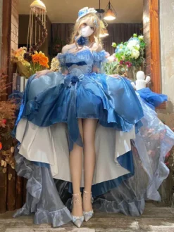 Robe Lolita Fée Bleue coupe asymétrique jolis nœuds dos nu bretelles bandage et volants
