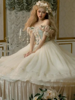 Robe Lolita féerique blanche à fleurs et nœuds épaules dénudées manches courtes style Lolita vintage