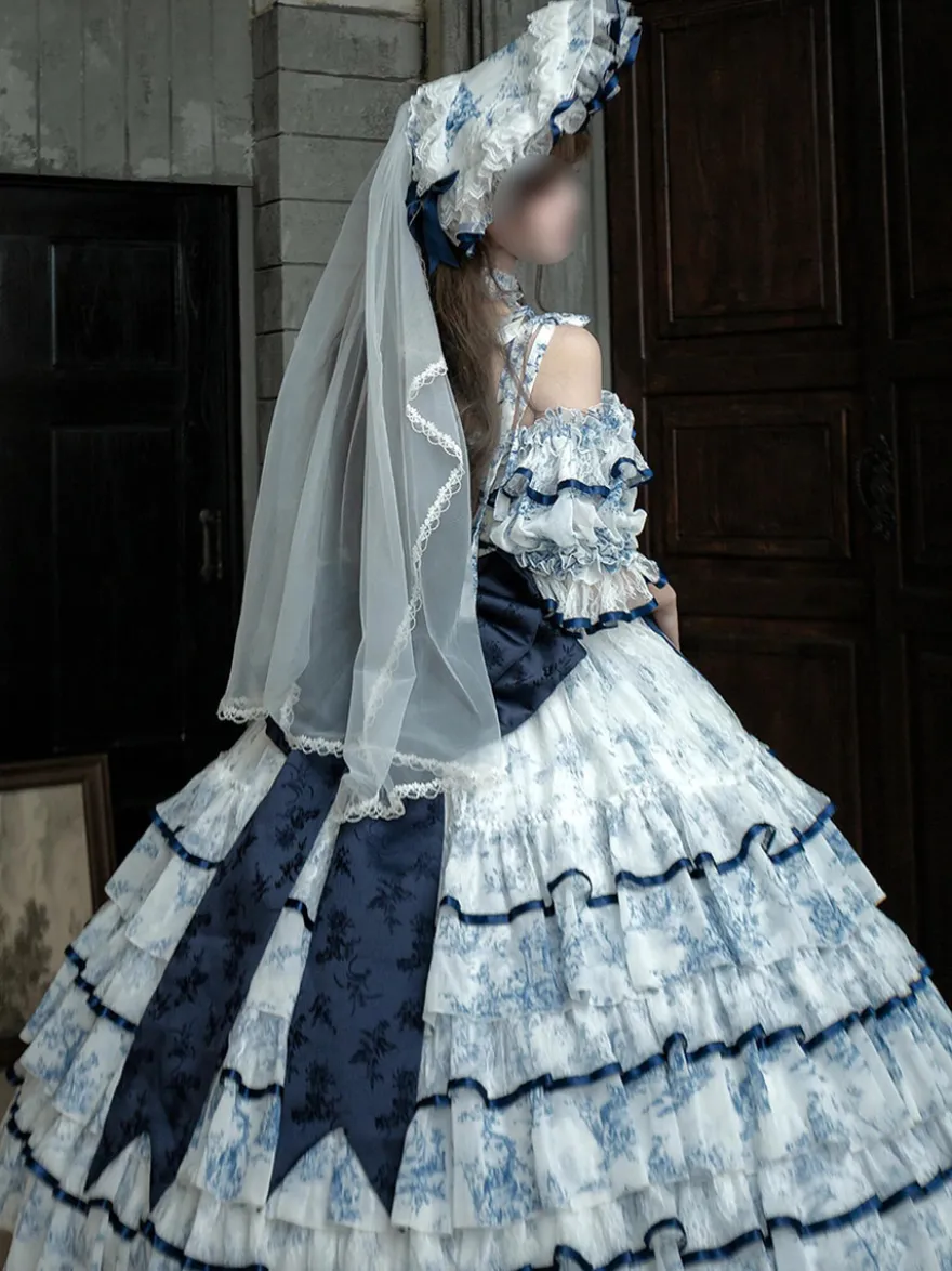 Robe Lolita féerique bleu ciel clair nœuds lacets manches courtes style rococo robe de tea party