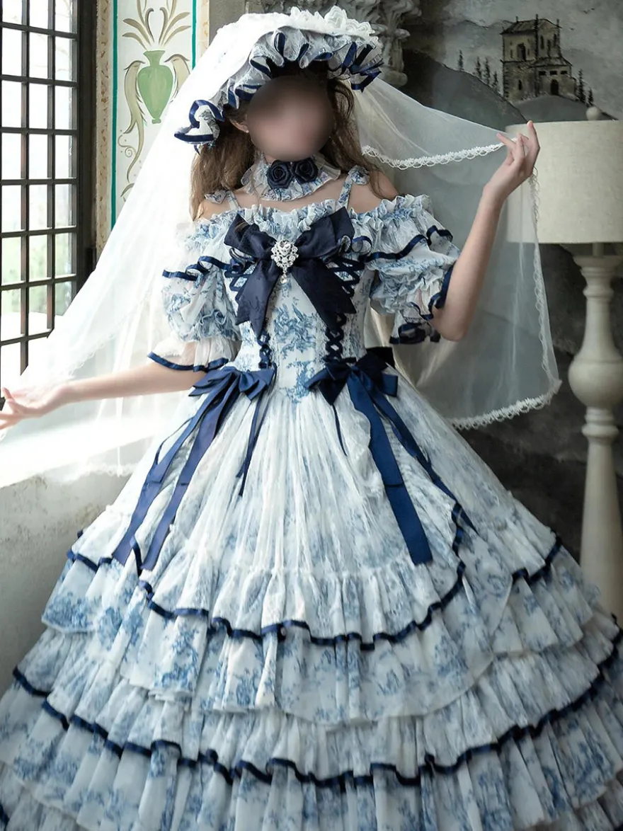 Robe Lolita féerique bleu ciel clair nœuds lacets manches courtes style rococo robe de tea party