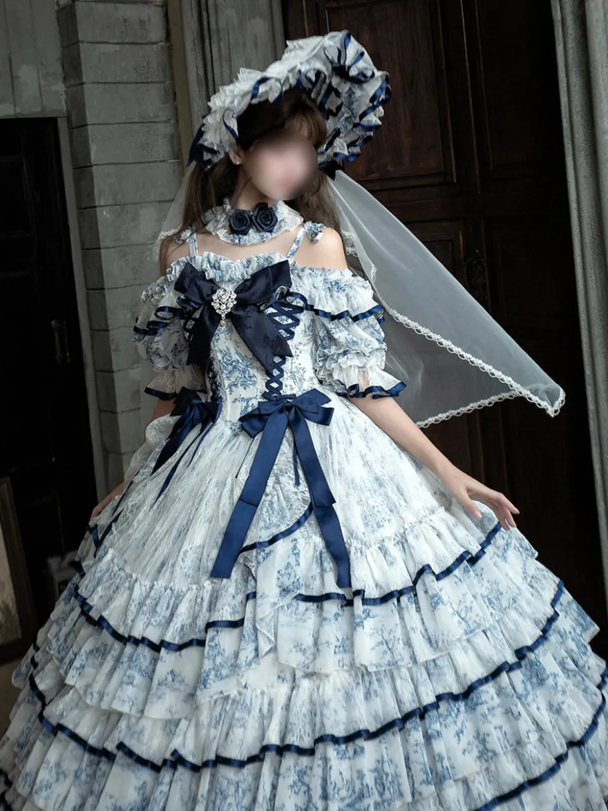Robe Lolita féerique bleu ciel clair nœuds lacets manches courtes style rococo robe de tea party