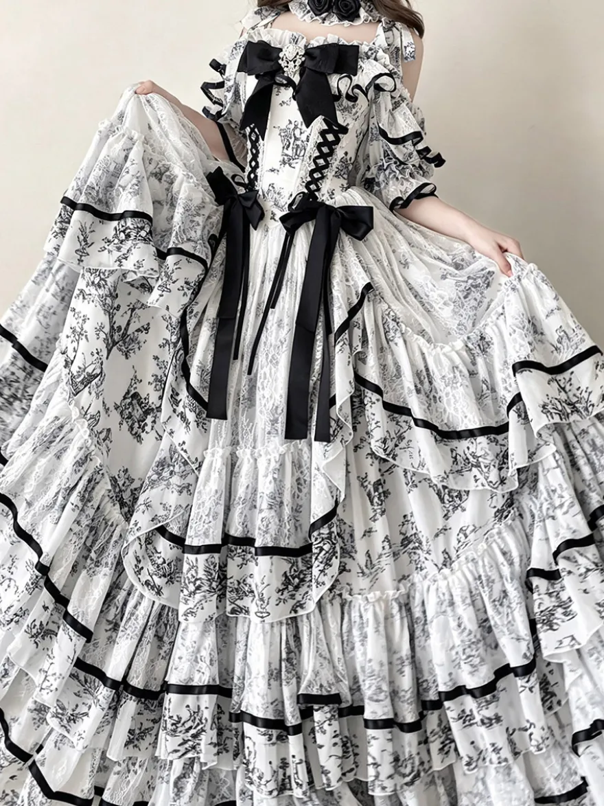 Robe Lolita féerique bleu ciel clair nœuds lacets manches courtes style rococo robe de tea party