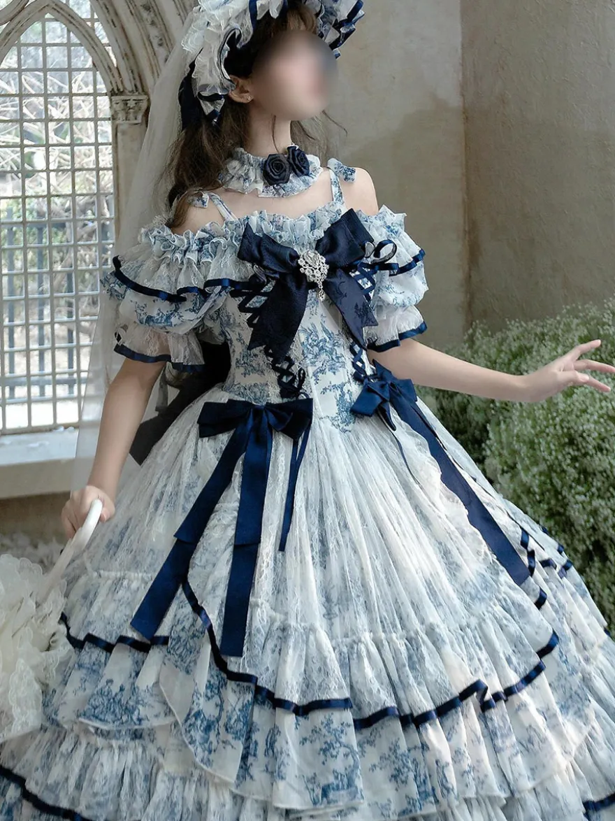 Robe Lolita féerique bleu ciel clair nœuds lacets manches courtes style rococo robe de tea party