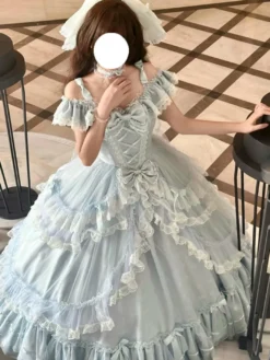 Robe Lolita féerique bleu ciel clair nœuds volants bandage robe Lolita pour tea party