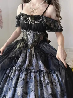 Robe Lolita féerique JSK à nœuds fronces et volants en tulle imprimé floral nuisette Lolita