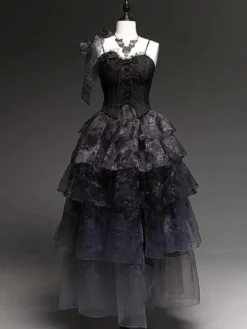 Robe Lolita féerique noire à fines bretelles et volants robe Lolita pour tea party