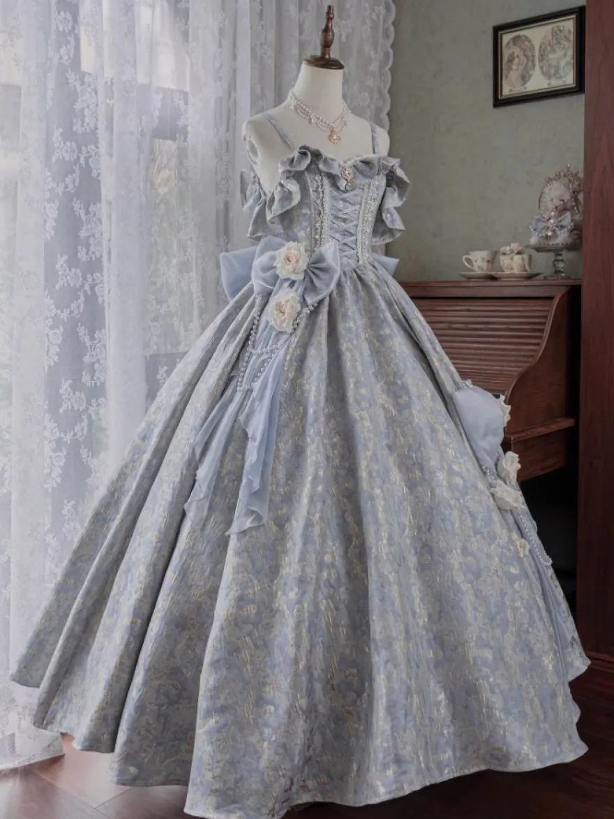 Robe Lolita féerique à spaghetti fleurs violet classique volants épaules dénudées