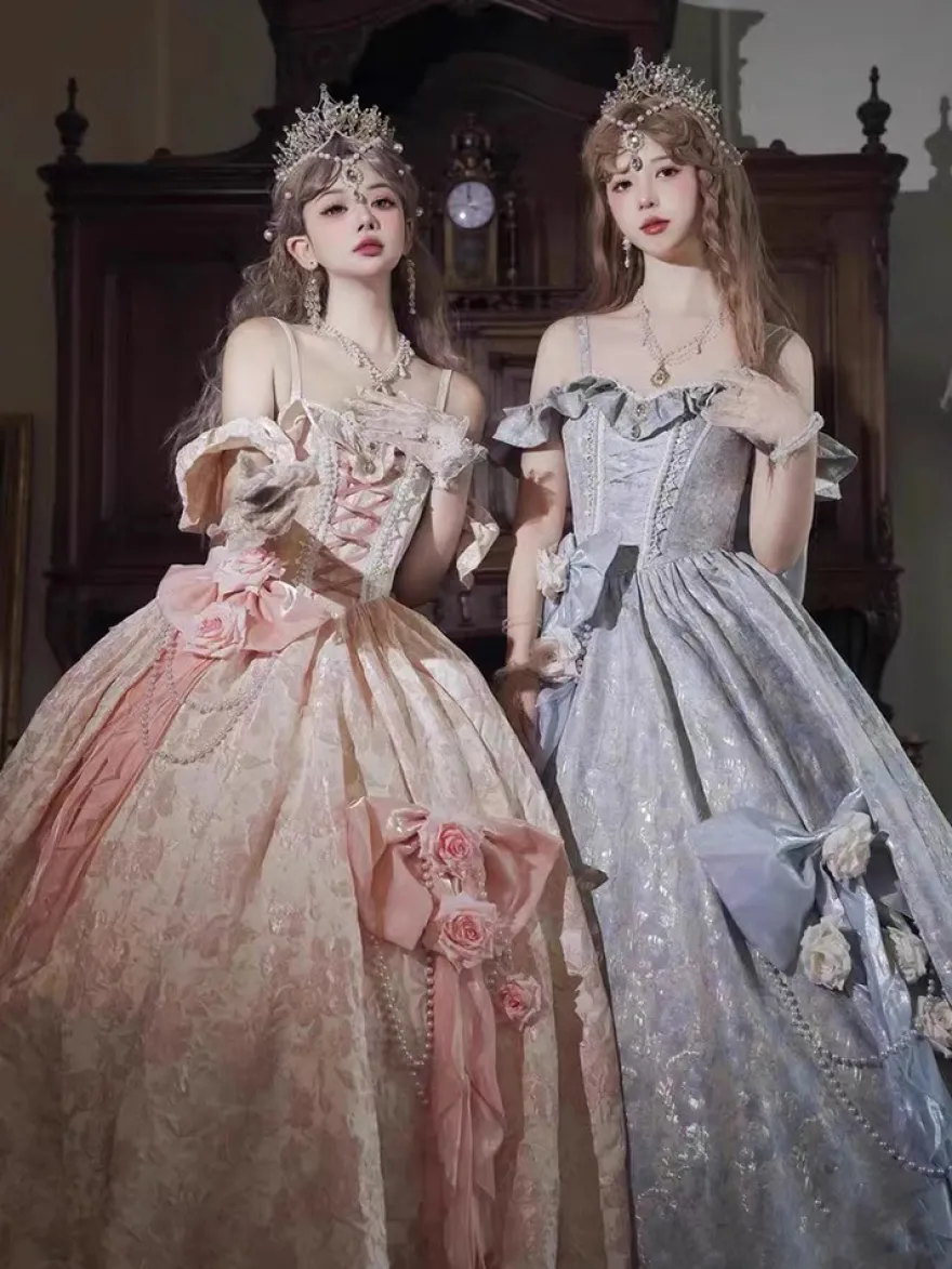 Robe Lolita féerique à spaghetti fleurs violet classique volants épaules dénudées