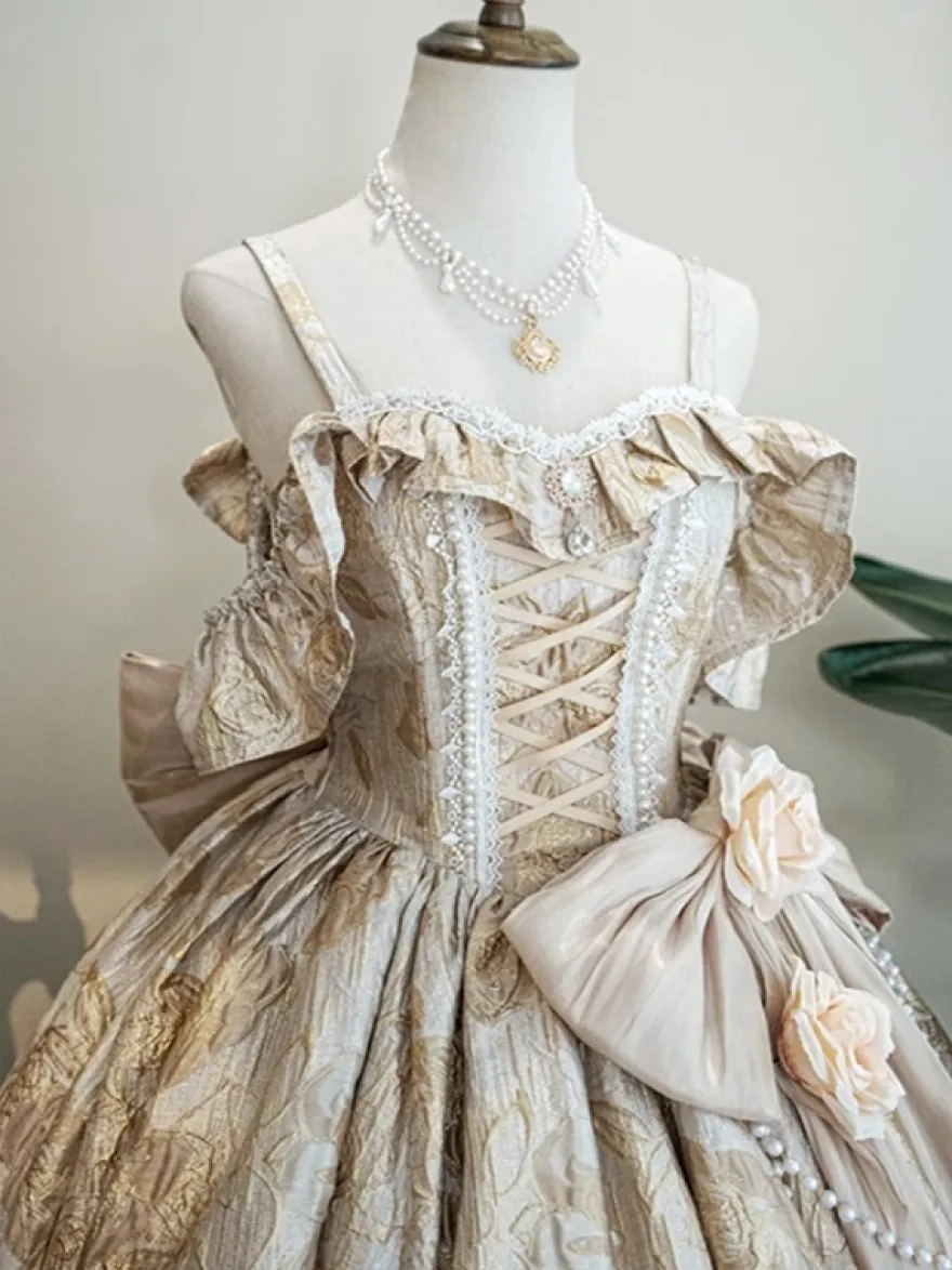 Robe Lolita féerique à spaghetti fleurs violet classique volants épaules dénudées