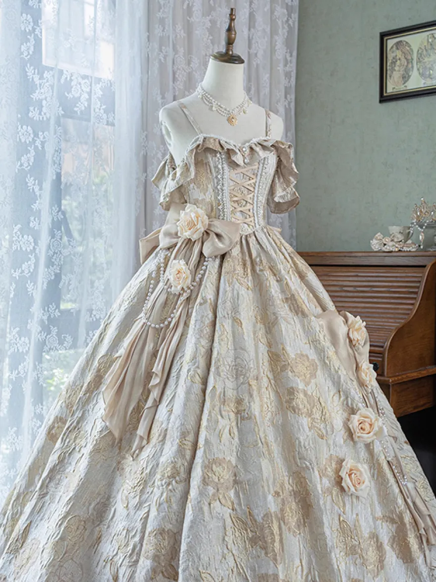 Robe Lolita féerique à spaghetti fleurs violet classique volants épaules dénudées