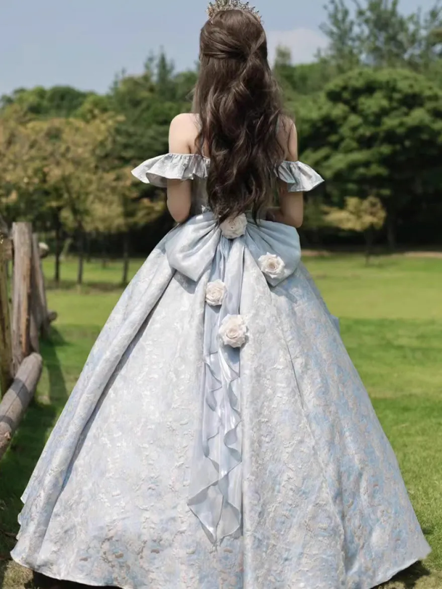 Robe Lolita féerique à spaghetti fleurs violet classique volants épaules dénudées