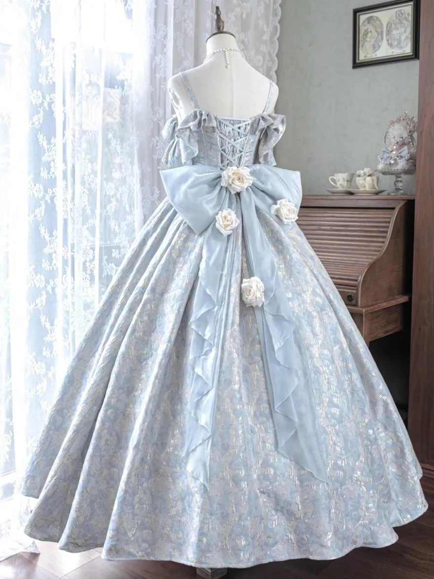Robe Lolita féerique à spaghetti fleurs violet classique volants épaules dénudées