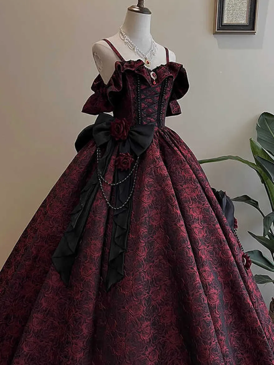 Robe Lolita féerique à spaghetti fleurs violet classique volants épaules dénudées