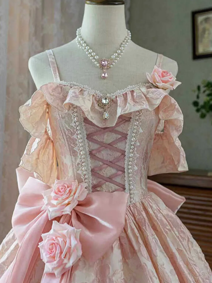 Robe Lolita féerique à spaghetti fleurs violet classique volants épaules dénudées