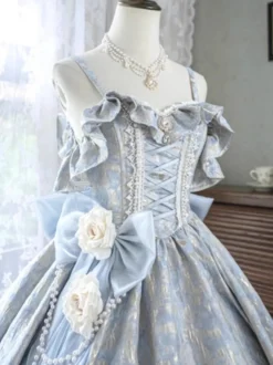 Robe Lolita féerique à spaghetti fleurs violet classique volants épaules dénudées
