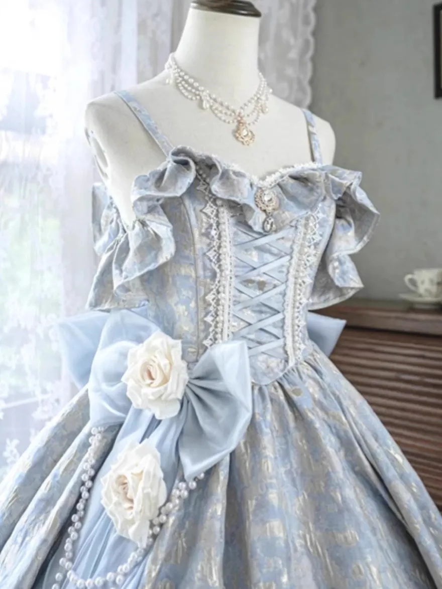 Robe Lolita féerique à spaghetti fleurs violet classique volants épaules dénudées