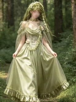 Robe Lolita Fée Verte à volants et fleurs longueur au sol robe Sweet Lolita