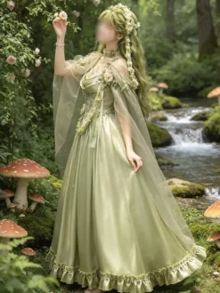 Robe Lolita Fée Verte à volants et fleurs longueur au sol robe Sweet Lolita