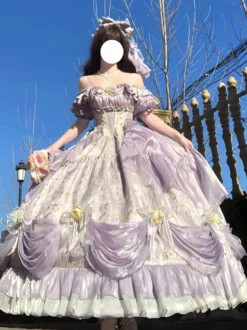 Robe Lolita Fée Violette à épaules dénudées et volants spaghetti style Sweet Lolita Tea Party