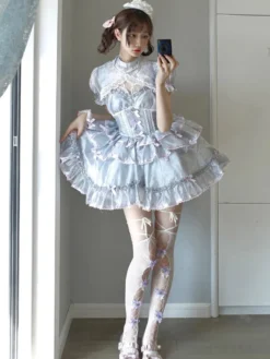 Robe Lolita Hime Sweet sans manches nœuds style décontracté gris clair JSK