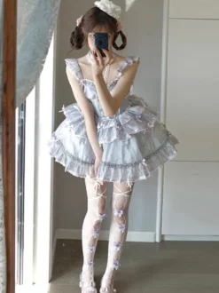 Robe Lolita Hime Sweet sans manches nœuds style décontracté gris clair JSK