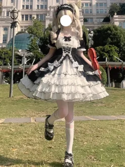 Robe Lolita JSK de retour à l'école et ensemble de pièces de remorquage à smocks à volants multicouches avec nœud papillon Robe Lolita JSK de princesse douce