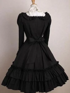 Robe lolita noire en coton avec noeud et noeud Jolie col à revers Déguisements