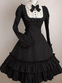 Robe lolita noire en coton avec noeud et noeud Jolie col à revers Déguisements