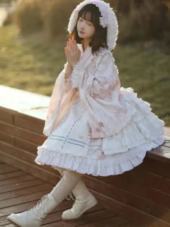 Robe Lolita OP de style japonais à manches longues imprimé floral nœuds roses robes une pièce Sweet Lolita