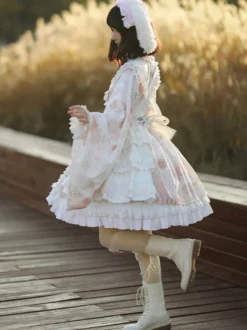 Robe Lolita OP de style japonais à manches longues imprimé floral nœuds roses robes une pièce Sweet Lolita
