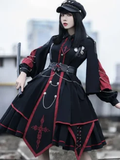 Robe Lolita OP de Style Militaire Ensemble 3 Pièces Noir Manches Longues Polyester Robe Lolita Tenue