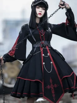 Robe Lolita OP de Style Militaire Ensemble 3 Pièces Noir Manches Longues Polyester Robe Lolita Tenue