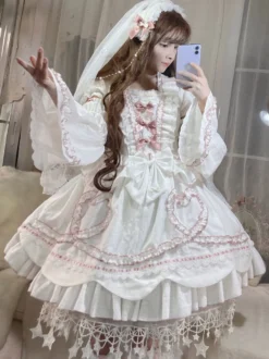 Robe Lolita OP Mignonne robe de mariée manches amovibles volants en Polyester nœuds en dentelle robe une pièce blanche Lolita