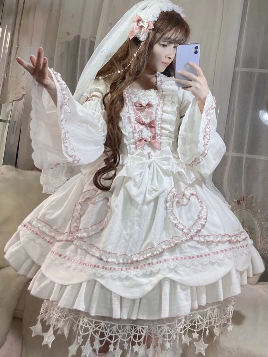 Robe Lolita OP Mignonne robe de mariée manches amovibles volants en Polyester nœuds en dentelle robe une pièce blanche Lolita