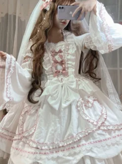 Robe Lolita OP Mignonne robe de mariée manches amovibles volants en Polyester nœuds en dentelle robe une pièce blanche Lolita